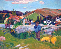The Swineherd by Gauguin: a boy in a blue smock with two pink pigs on a green hillside, a village and church spire behind
