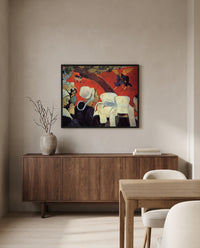 Vision after the Sermon by Paul Gauguin in a black frame above a walnut sideboard in a dining room