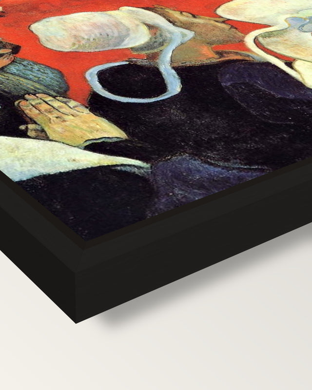 Vision after the Sermon by Gauguin framed canvas, corner close-up: a black floating frame with a shadow gap round the canvas