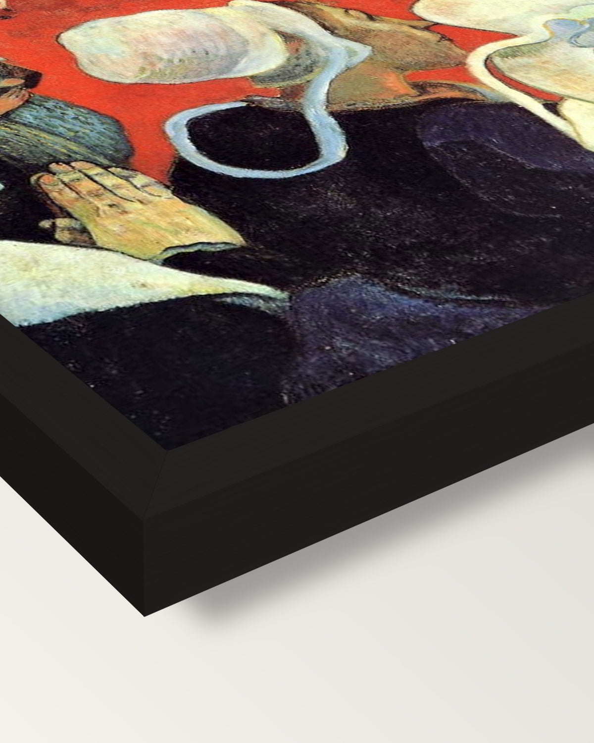 Vision after the Sermon by Gauguin framed print, corner close-up: black moulding, mitred, the print set just below its edge