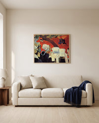 Vision after the Sermon by Paul Gauguin framed in natural oak above a cream sofa in a warm living room