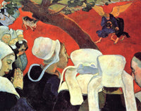 Vision after the Sermon by Gauguin: Breton women in white coiffes, a tree trunk, Jacob wrestling an angel on a red ground