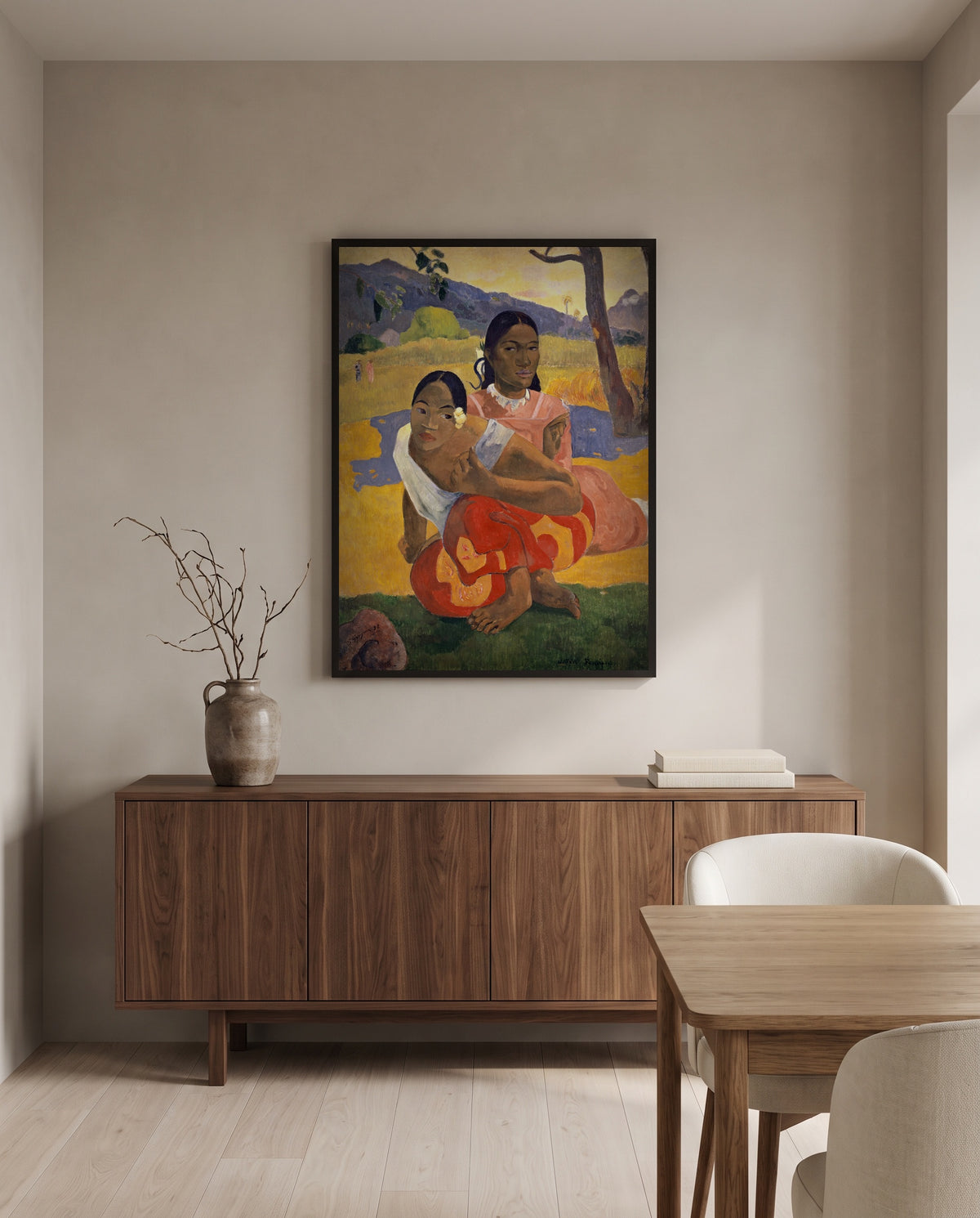 When Will You Marry? by Paul Gauguin in a black frame above a walnut sideboard in a dining room
