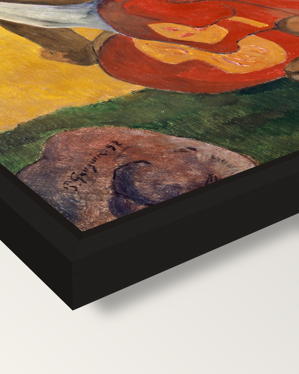 When Will You Marry? by Gauguin framed canvas, corner close-up: a black floating frame with a shadow gap round the canvas
