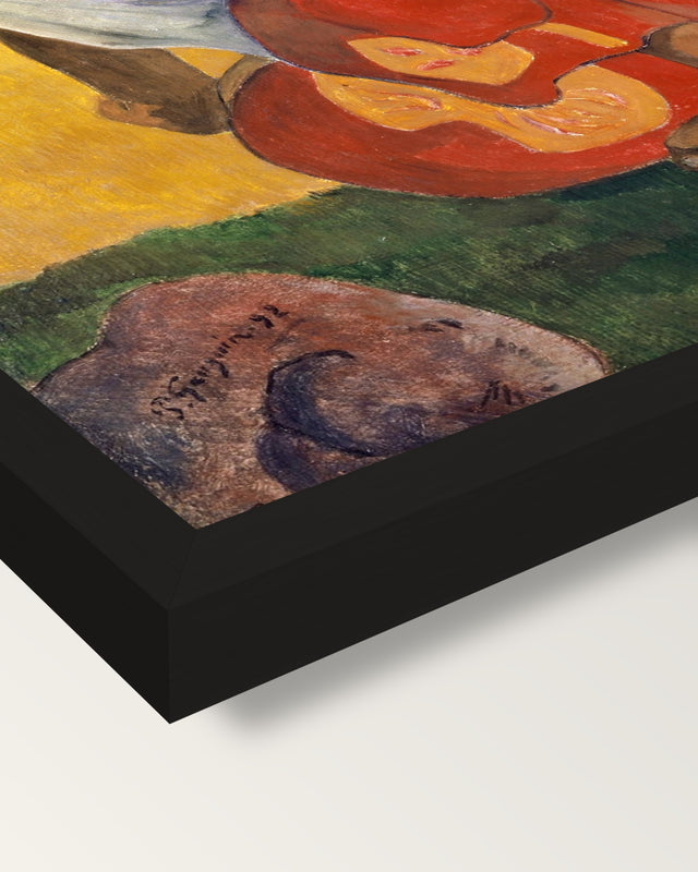 When Will You Marry? by Paul Gauguin framed print, corner close-up: black moulding, mitred, the print set just below its edge