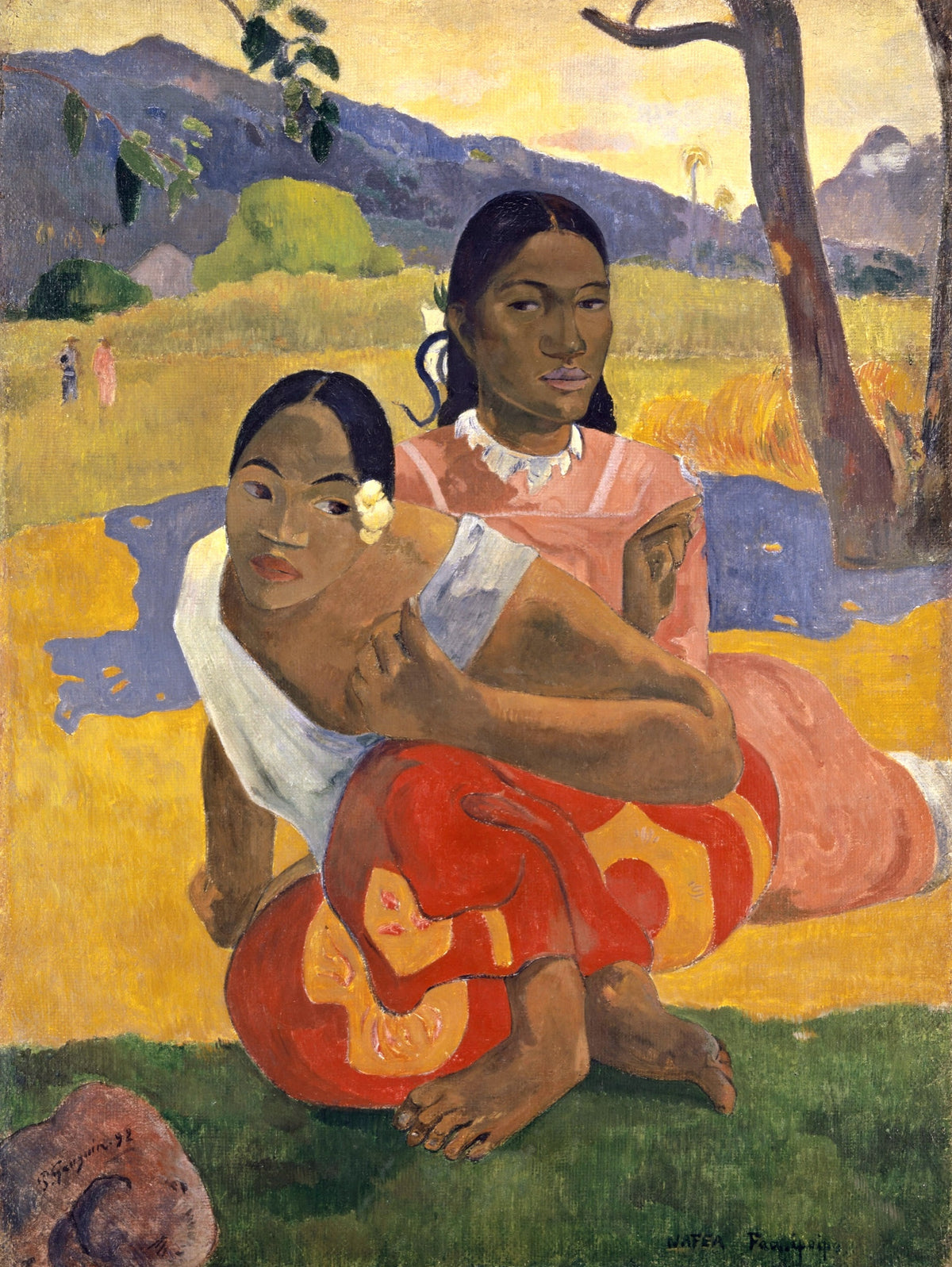 When Will You Marry? by Paul Gauguin: two Tahitian women seated in a bright landscape of green, yellow and blue
