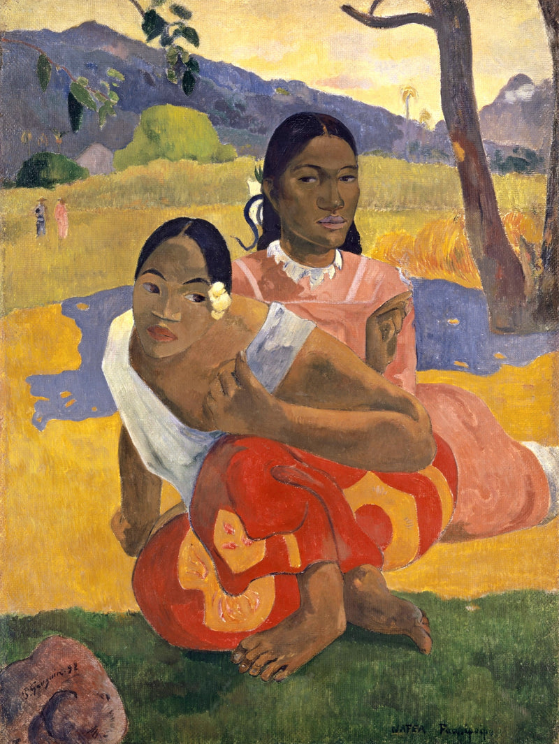 When Will You Marry? by Paul Gauguin: two Tahitian women seated in a bright landscape of green, yellow and blue
