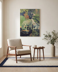 The White Horse by Paul Gauguin as a stretched canvas above a linen lounge chair in a reading corner