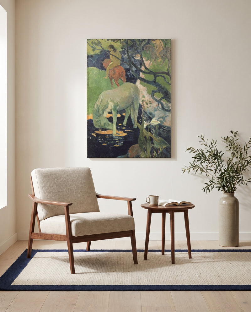 The White Horse by Paul Gauguin as a stretched canvas above a linen lounge chair in a reading corner