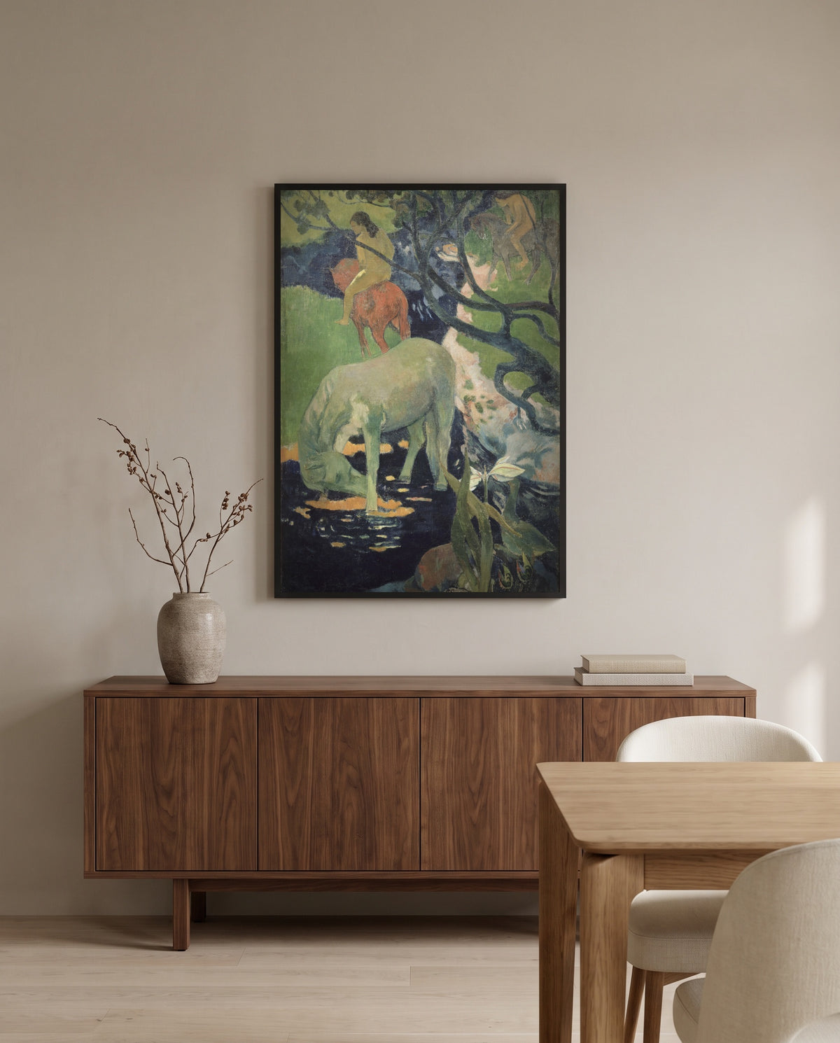 The White Horse by Paul Gauguin in a black frame above a walnut sideboard in a dining room