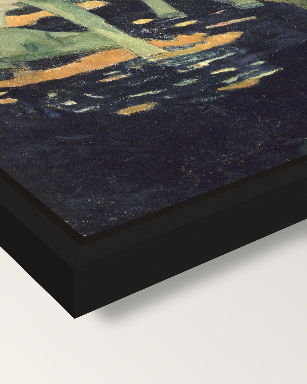 The White Horse by Paul Gauguin framed canvas, corner close-up: a black floating frame with a shadow gap round the canvas