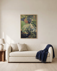 The White Horse by Paul Gauguin framed in natural oak above a cream sofa in a warm living room