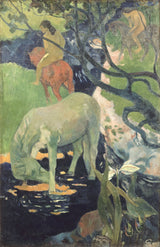 The White Horse by Paul Gauguin: a pale horse tinted green drinks from a stream, two riders behind it in the trees