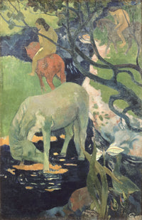 The White Horse by Paul Gauguin: a pale horse tinted green drinks from a stream, two riders behind it in the trees
