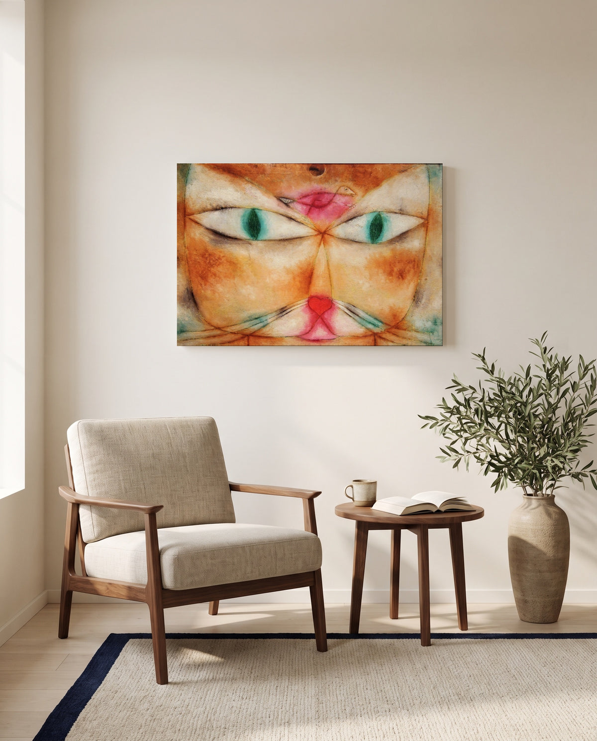Cat and Bird by Paul Klee as a stretched canvas above a linen lounge chair in a reading corner