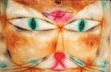 Cat and Bird by Paul Klee: the wide face of a cat with green eyes and a red heart-shaped nose, a small bird on its forehead