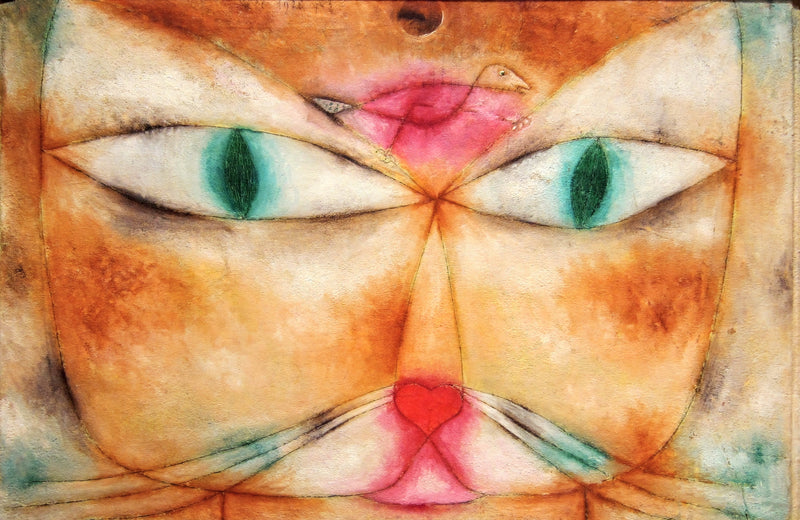 Cat and Bird by Paul Klee: the wide face of a cat with green eyes and a red heart-shaped nose, a small bird on its forehead