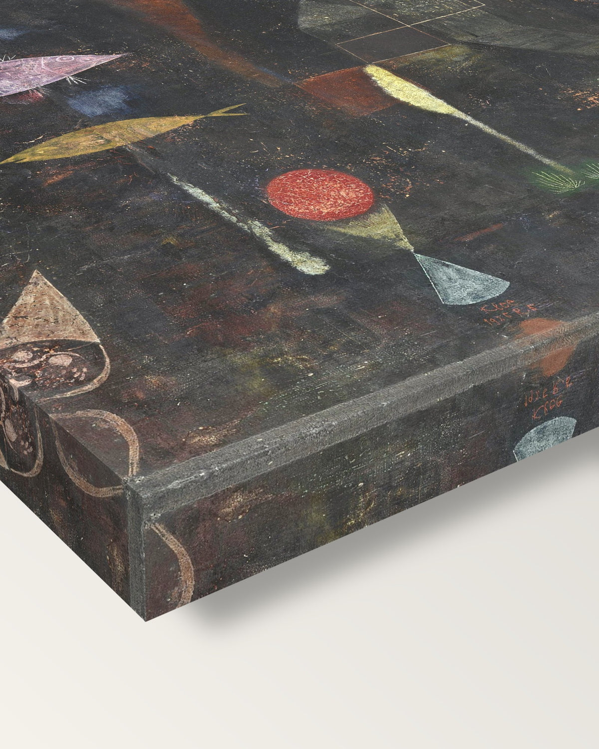 Fish Magic by Paul Klee on stretched canvas, corner close-up: the painting mirror-wrapped round the sides