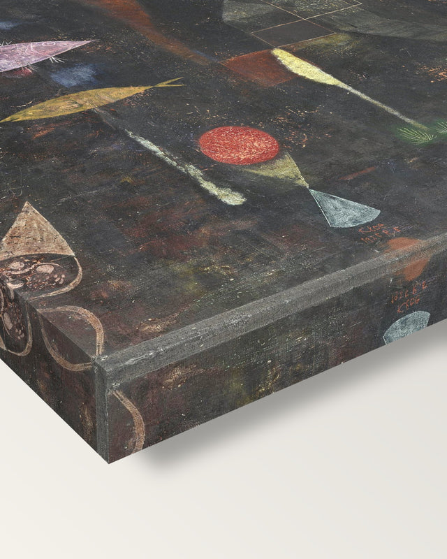 Fish Magic by Paul Klee on stretched canvas, corner close-up: the painting mirror-wrapped round the sides