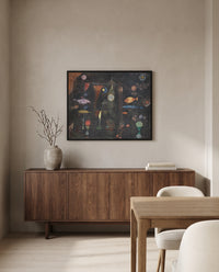 Fish Magic by Paul Klee in a black frame above a walnut sideboard in a dining room