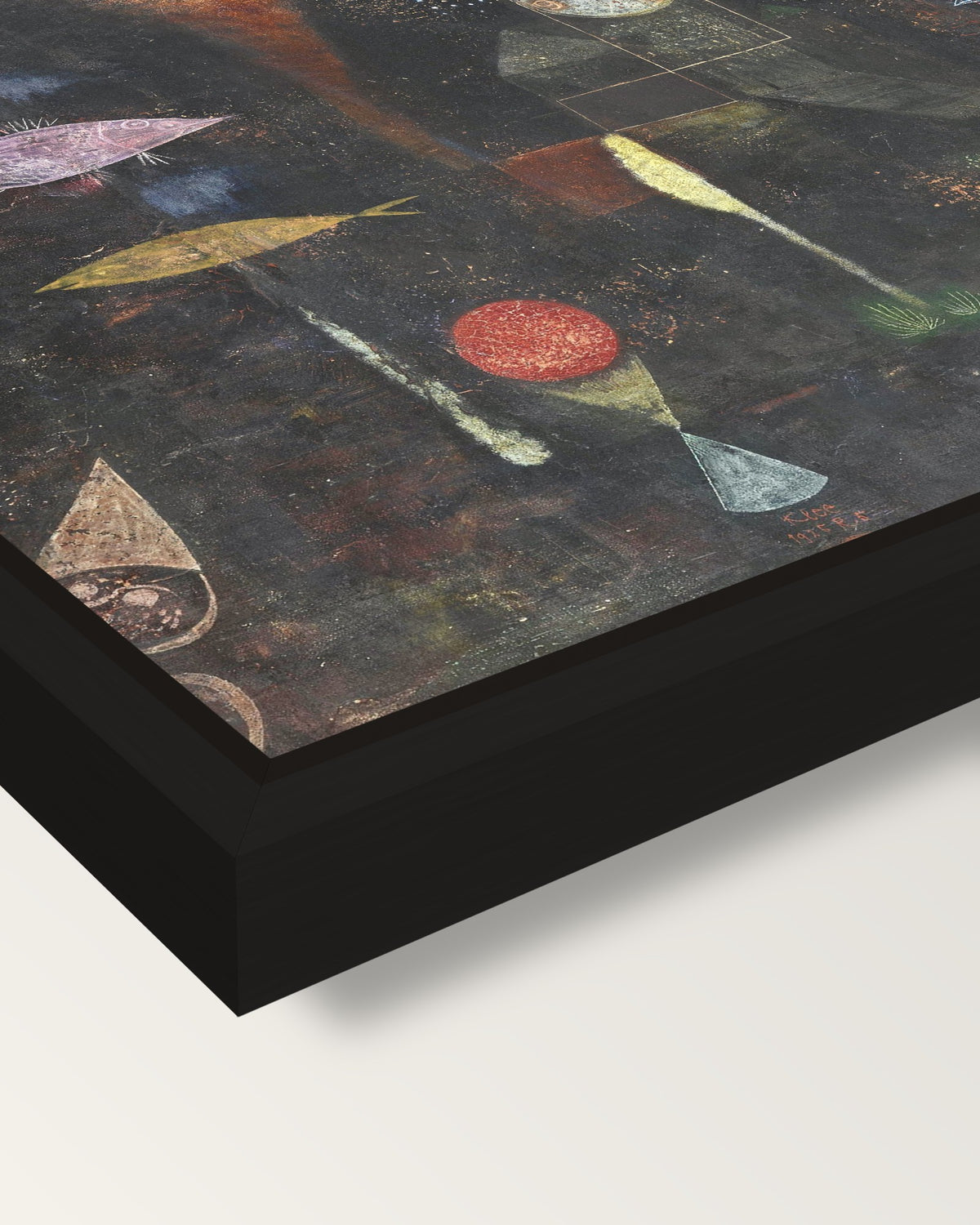 Fish Magic by Paul Klee framed canvas, corner close-up: a black floating frame with a shadow gap round the canvas