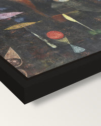 Fish Magic by Paul Klee framed canvas, corner close-up: a black floating frame with a shadow gap round the canvas