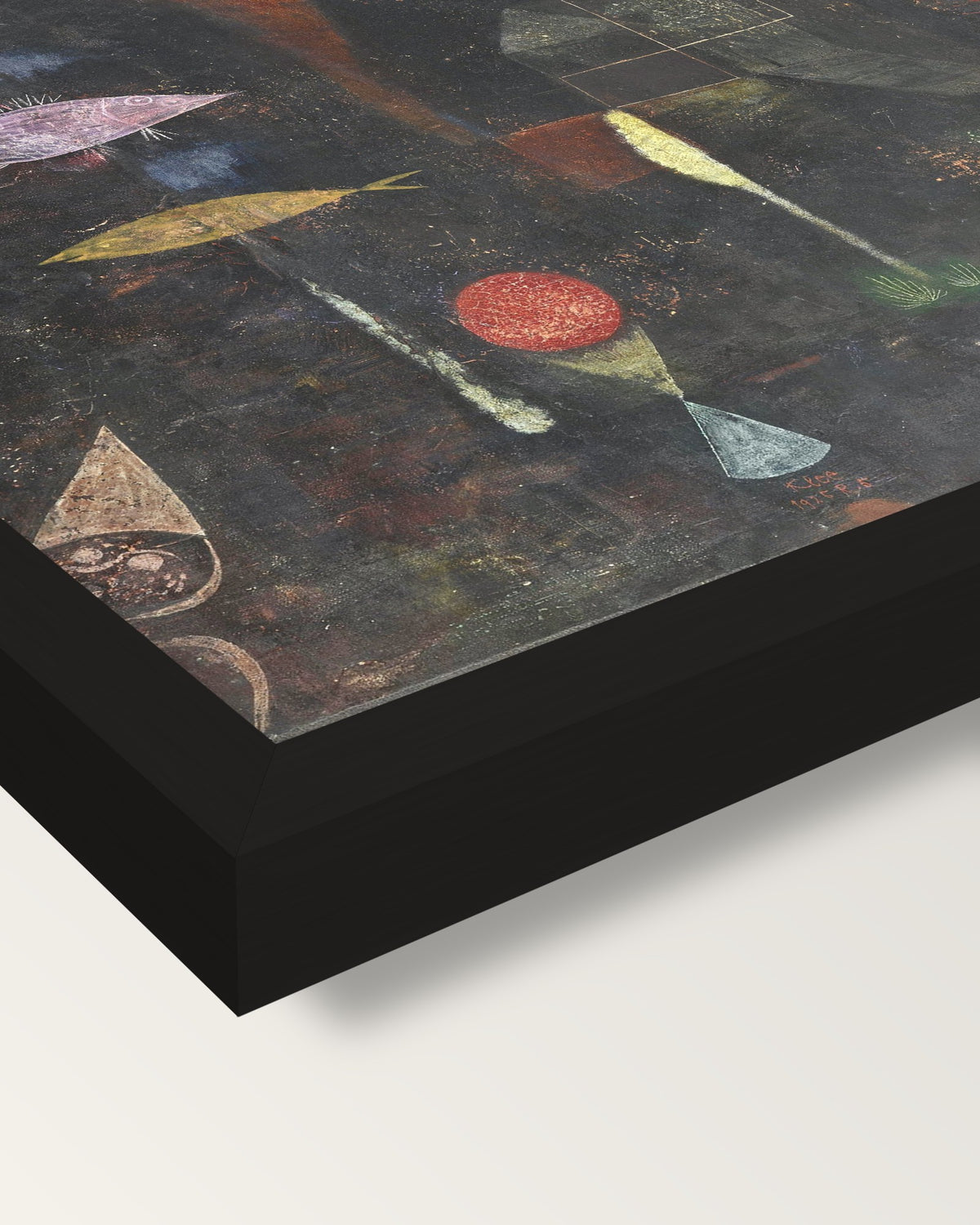 Fish Magic by Paul Klee framed print, corner close-up: black moulding, mitred, the print set just below its edge