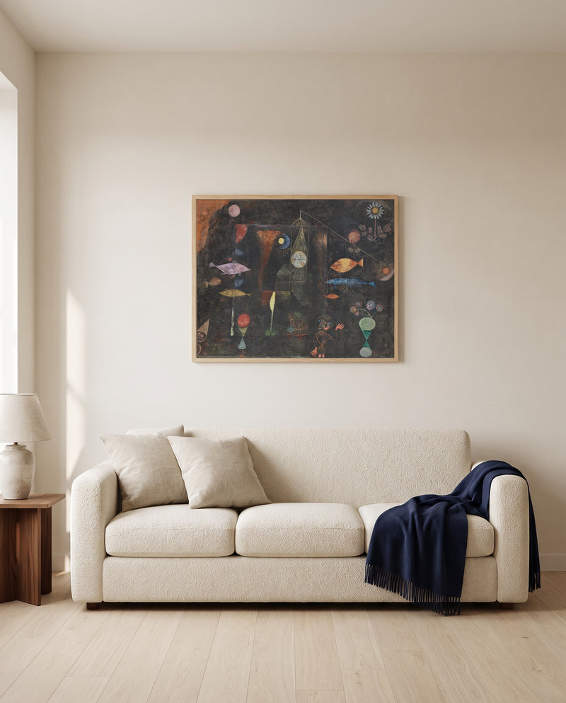 Fish Magic by Paul Klee framed in natural oak above a cream sofa in a warm living room