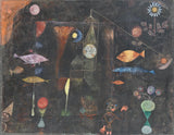 Fish Magic by Paul Klee: colourful fish, flowers, a clock tower and small figures floating on a black background
