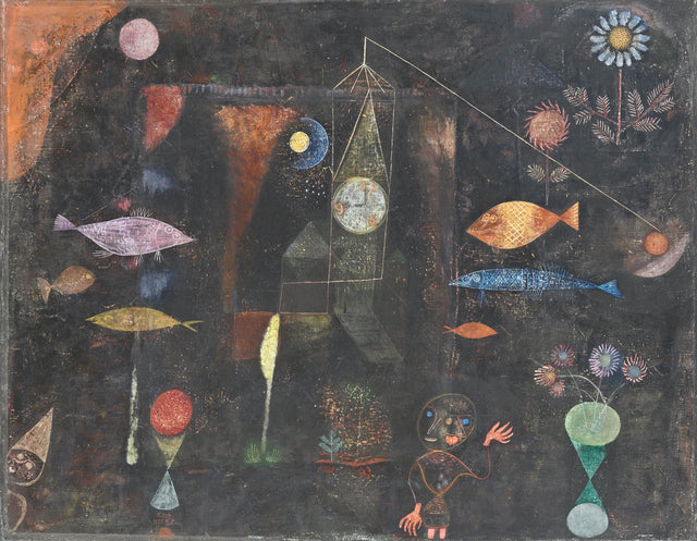 Fish Magic by Paul Klee: colourful fish, flowers, a clock tower and small figures floating on a black background