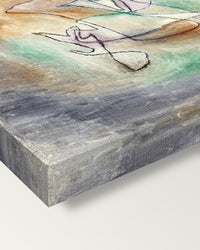 Howling Dog by Paul Klee on stretched canvas, corner close-up: the painting mirror-wrapped round the sides