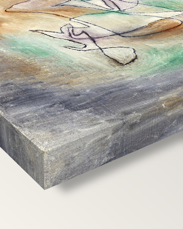 Howling Dog by Paul Klee on stretched canvas, corner close-up: the painting mirror-wrapped round the sides