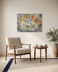 Howling Dog by Paul Klee as a stretched canvas above a linen lounge chair in a reading corner