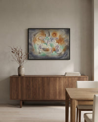 Howling Dog by Paul Klee in a black frame above a walnut sideboard in a dining room