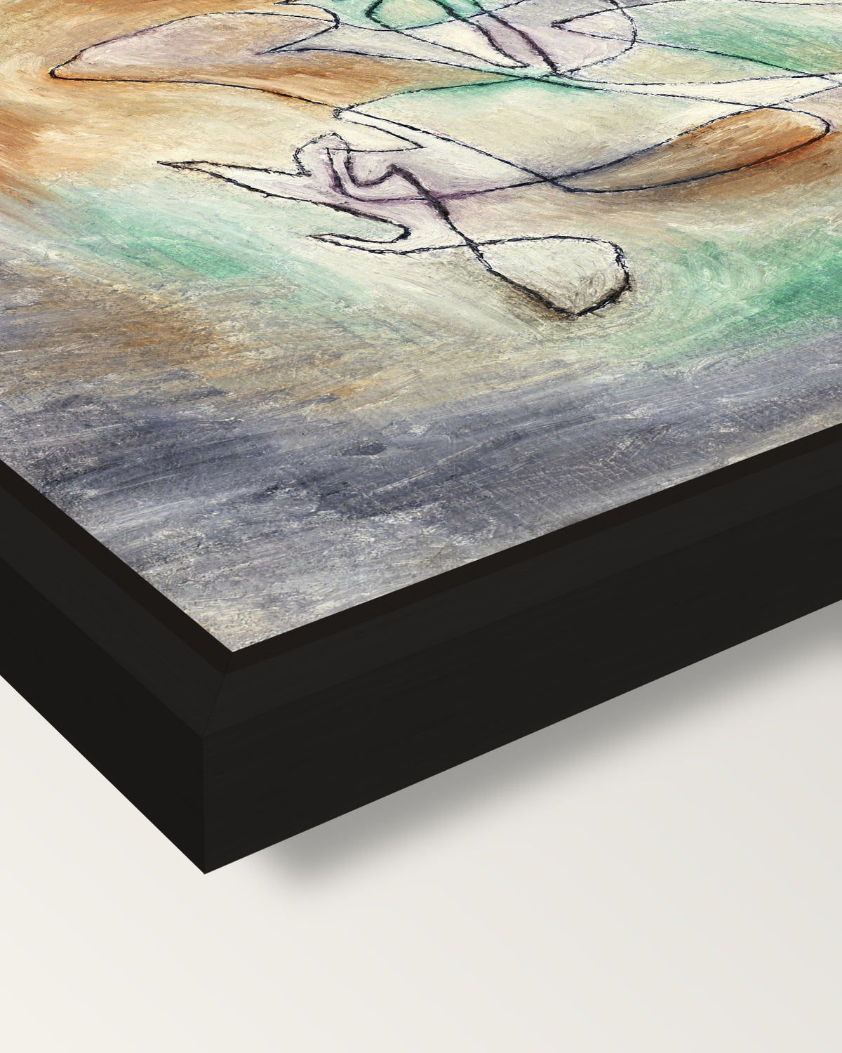Howling Dog by Paul Klee framed canvas, corner close-up: a black floating frame with a shadow gap round the canvas