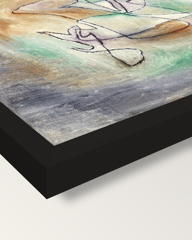 Howling Dog by Paul Klee framed print, corner close-up: black moulding, mitred, the print set just below its edge