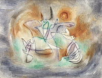 Howling Dog by Paul Klee: a dog drawn in thin winding lines howling at an orange moon on a swirling grey and green ground