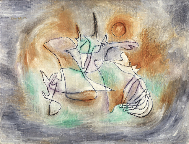 Howling Dog by Paul Klee: a dog drawn in thin winding lines howling at an orange moon on a swirling grey and green ground