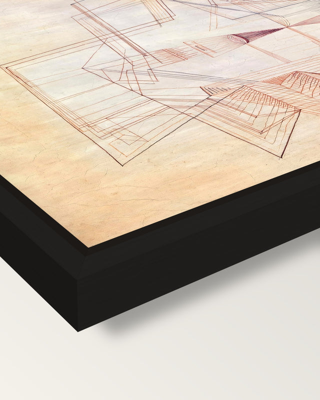 Limits of Reason by Paul Klee framed canvas, corner close-up: a black floating frame with a shadow gap round the canvas