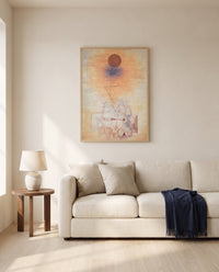 Limits of Reason by Paul Klee framed in natural oak above a cream sofa in a warm living room