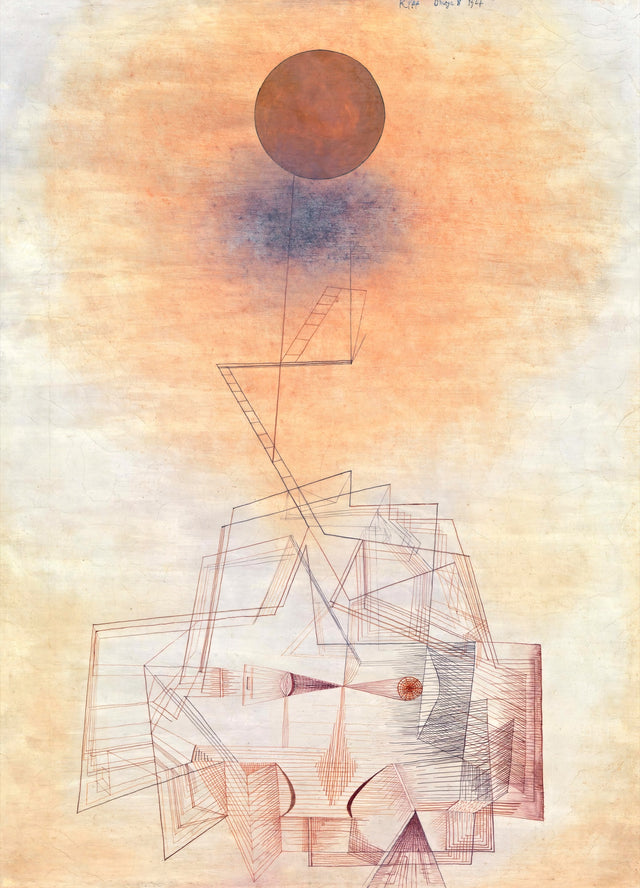 Limits of Reason by Paul Klee: a red sphere floating in a pale sky above a tangled structure of fine lines