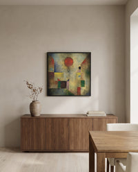 Red Balloon by Paul Klee in a black frame above a walnut sideboard in a dining room