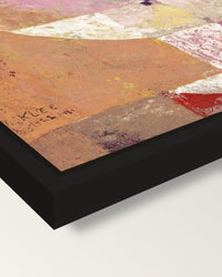 Senecio by Paul Klee framed canvas, corner close-up: a black floating frame with a shadow gap round the canvas