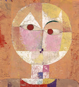 Senecio by Paul Klee: a round face divided into orange, pink, yellow and white squares, with red eyes and one raised eyebrow