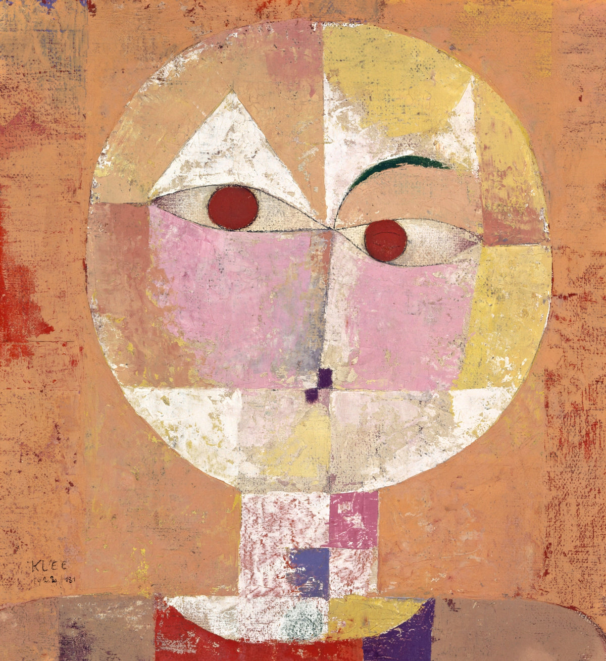 Senecio by Paul Klee: a round face divided into orange, pink, yellow and white squares, with red eyes and one raised eyebrow