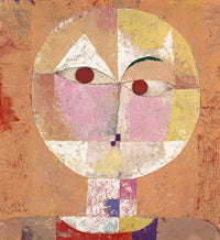 Senecio by Paul Klee: a round face divided into orange, pink, yellow and white squares, with red eyes and one raised eyebrow