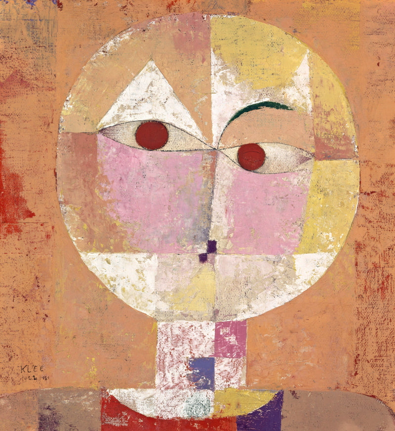 Senecio by Paul Klee: a round face divided into orange, pink, yellow and white squares, with red eyes and one raised eyebrow
