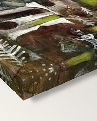 Swamp Legend by Paul Klee on stretched canvas, corner close-up: the painting mirror-wrapped round the sides