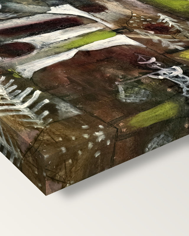 Swamp Legend by Paul Klee on stretched canvas, corner close-up: the painting mirror-wrapped round the sides