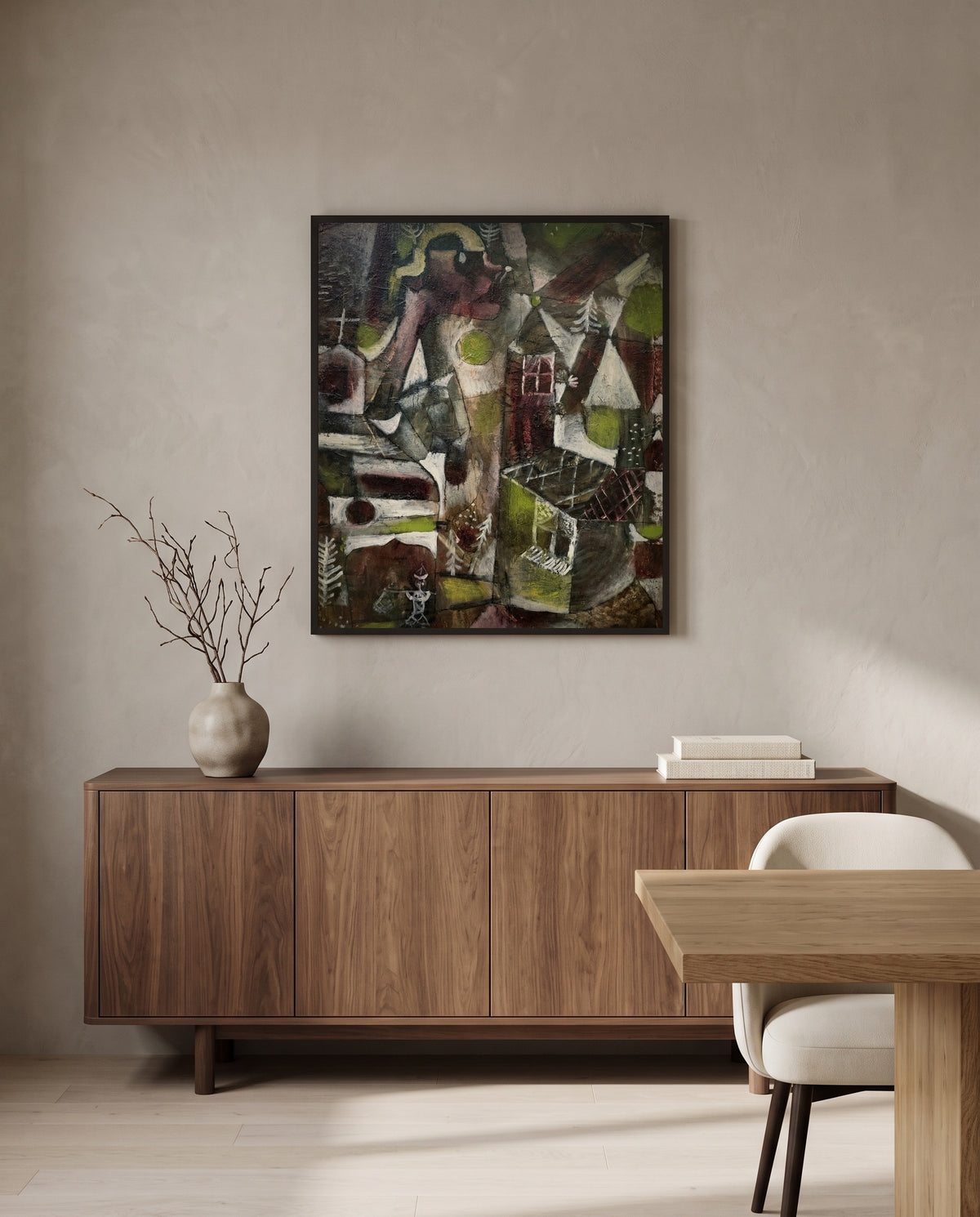 Swamp Legend by Paul Klee in a black frame above a walnut sideboard in a dining room